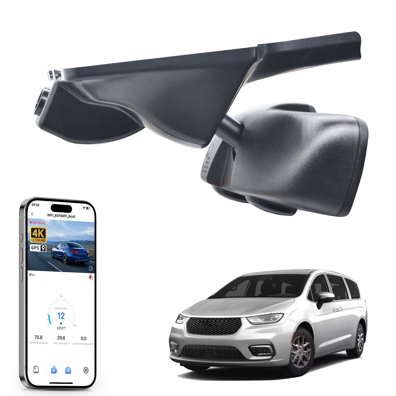 Mangoal rearview mirror built-in dash cam with smartphone app control, 4K Ultra HD recording, GPS tracking, and Chrysler Pacifica models in the background.