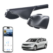 Mangoal rearview mirror built-in dash cam with smartphone app control, 4K Ultra HD recording, GPS tracking, and Chrysler Voyager models in the background.