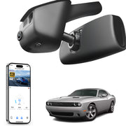 Mangoal rearview mirror built-in dash cam with smartphone app control, 4K Ultra HD recording, GPS tracking, and Dodge Challenger models in the background.