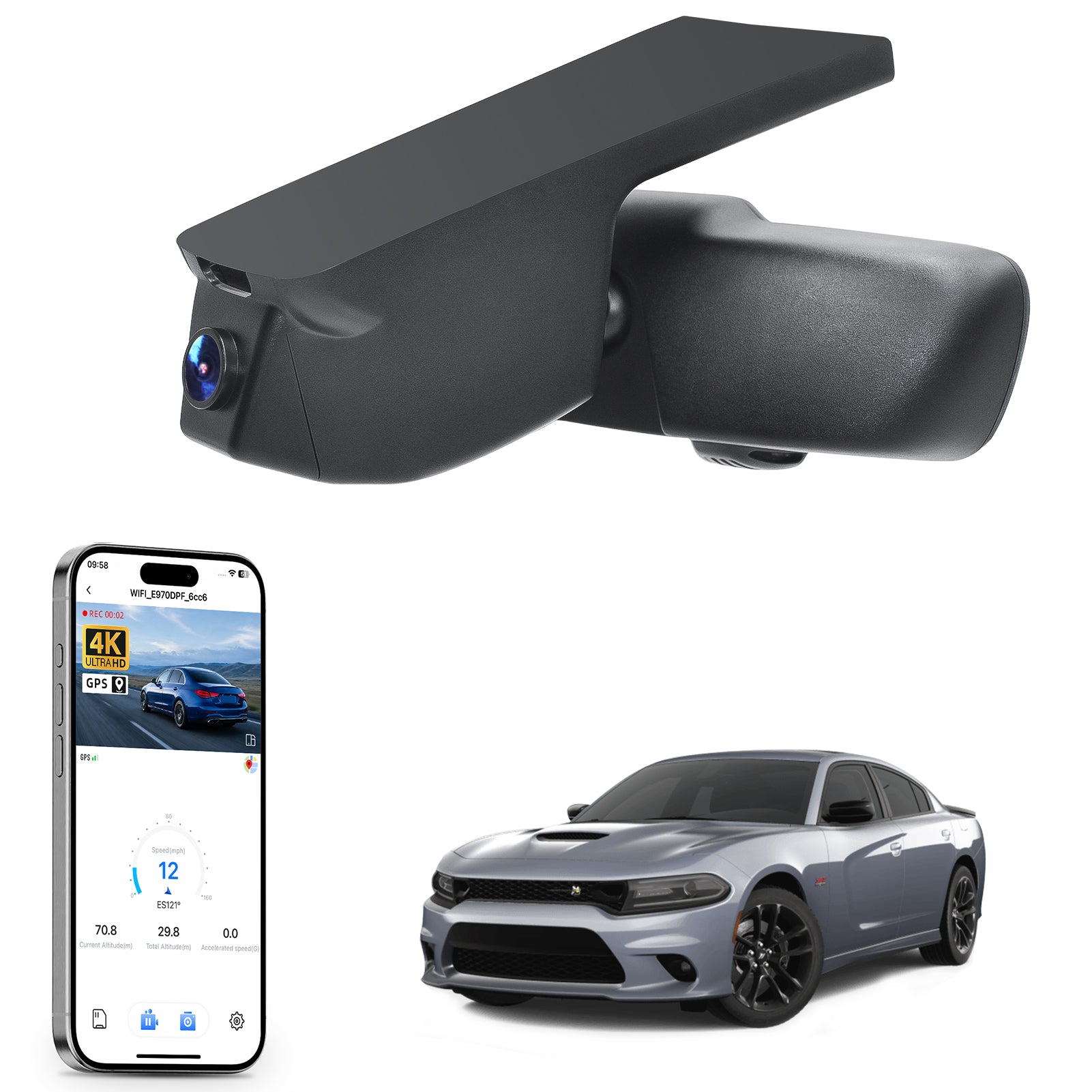 
Mangoal rearview mirror built-in dash cam with smartphone app control, 4K Ultra HD recording, GPS tracking, and Dodge Charger models in the background.