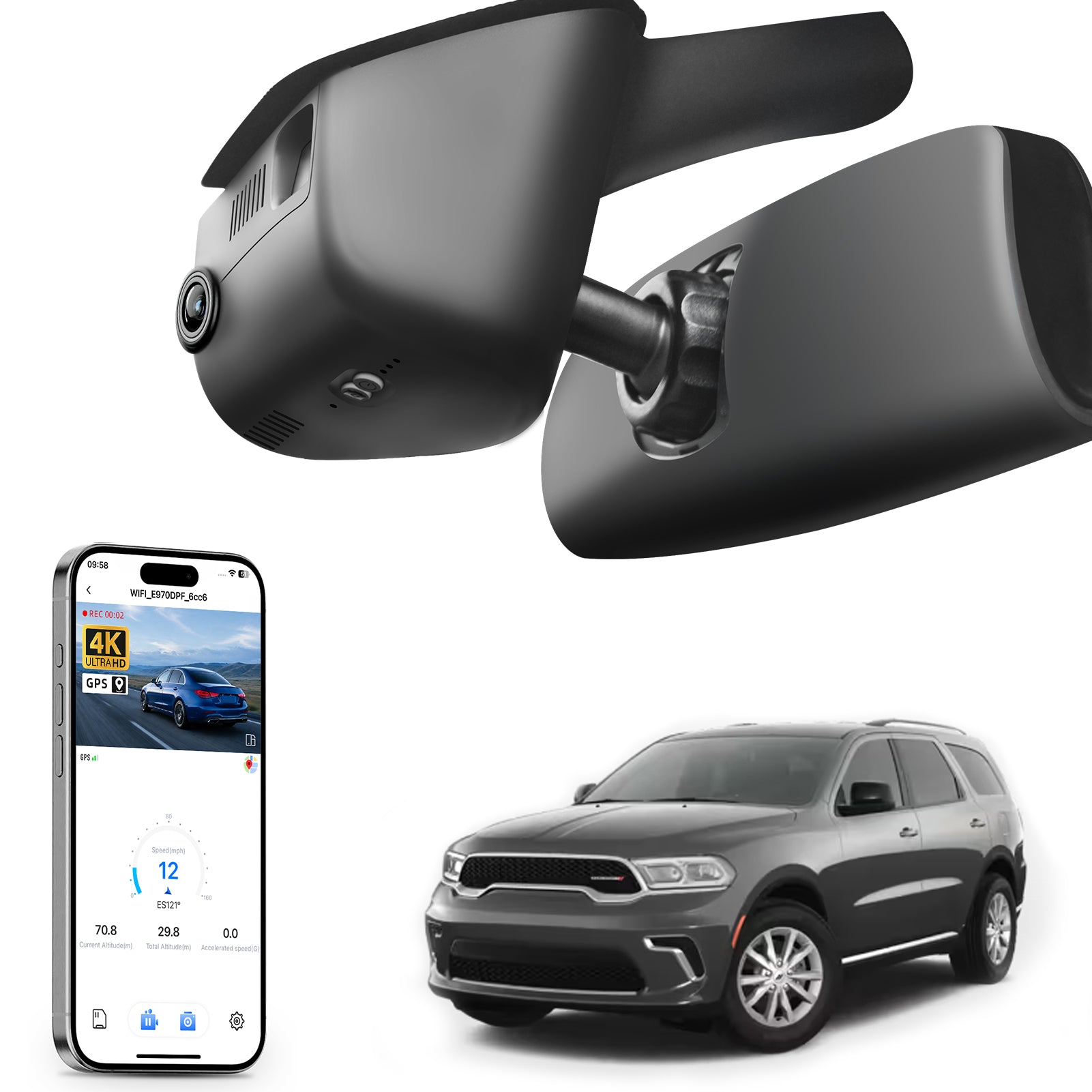 Mangoal rearview mirror built-in dash cam with smartphone app control, 4K Ultra HD recording, GPS tracking, and Dodge Durango models in the background.