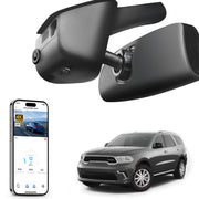Mangoal rearview mirror built-in dash cam with smartphone app control, 4K Ultra HD recording, GPS tracking, and Dodge Durango models in the background.