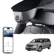 Mangoal rearview mirror built-in dash cam with smartphone app control, 4K Ultra HD recording, GPS tracking, and Dodge Grand Caravan models in the background.