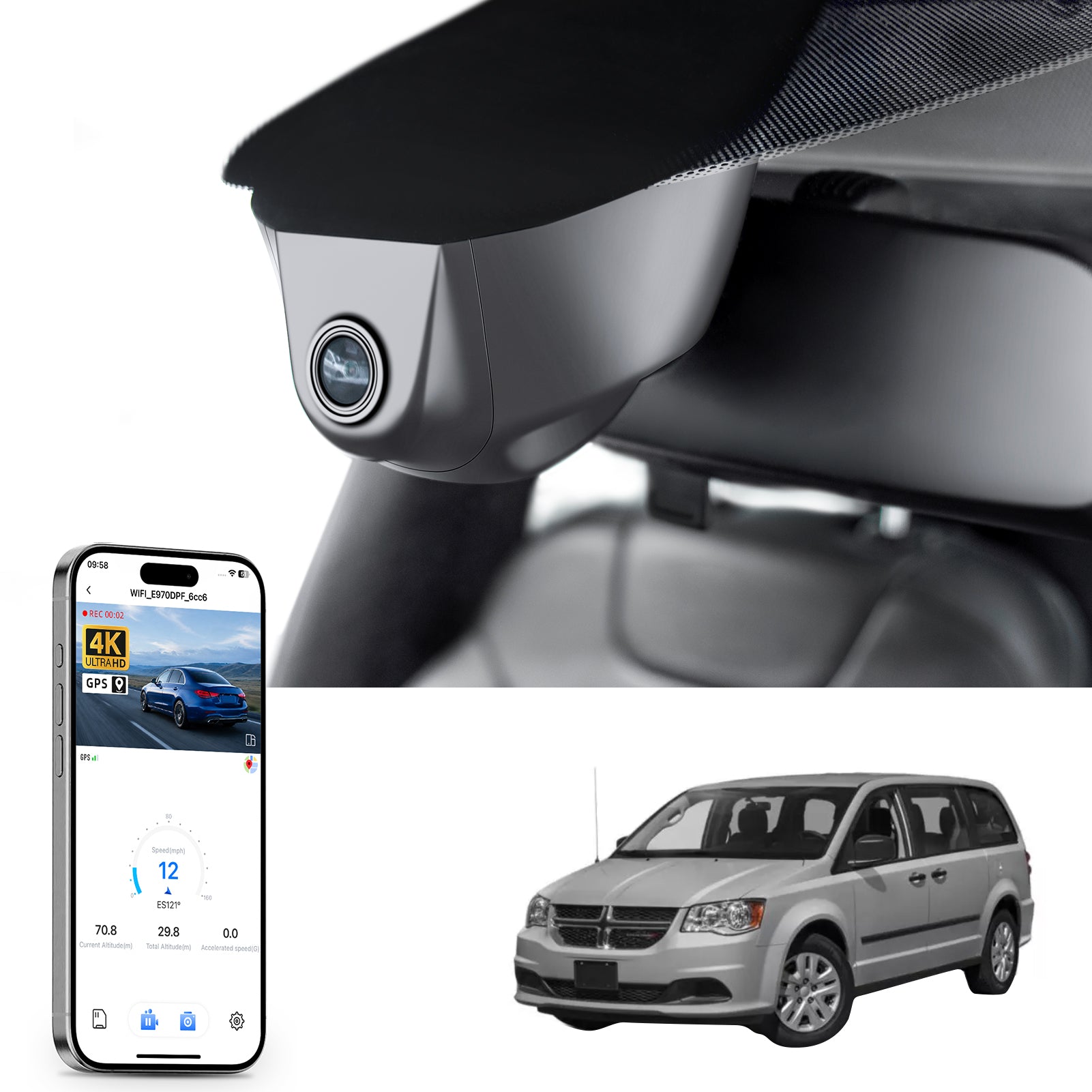 Mangoal rearview mirror built-in dash cam with smartphone app control, 4K Ultra HD recording, GPS tracking, and Dodge Grand Caravan models in the background.