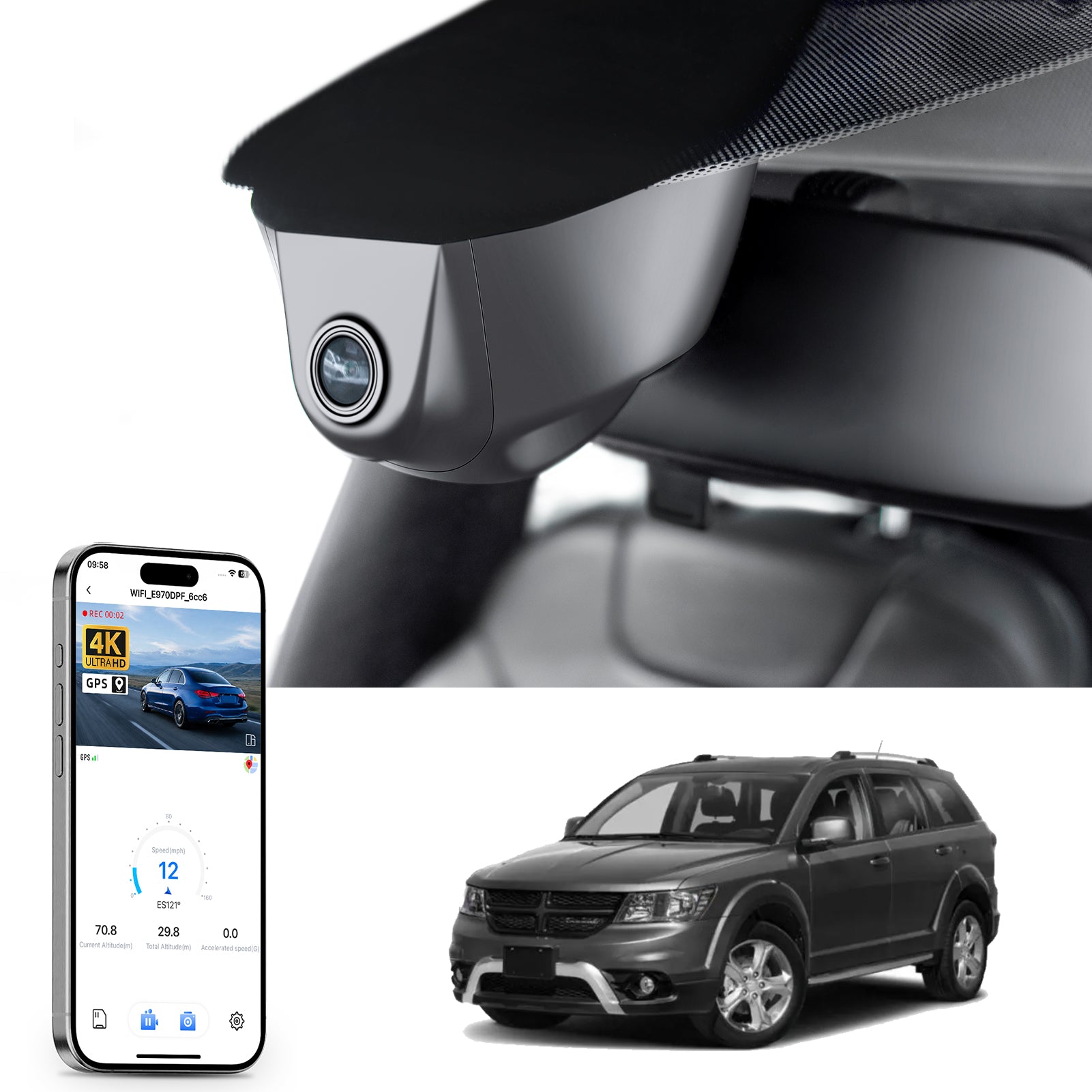 Mangoal rearview mirror built-in dash cam with smartphone app control, 4K Ultra HD recording, GPS tracking, and Dodge Journey models in the background.