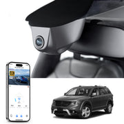 Mangoal rearview mirror built-in dash cam with smartphone app control, 4K Ultra HD recording, GPS tracking, and Dodge Journey models in the background.