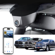 Mangoal rearview mirror built-in dash cam with smartphone app control, 4K Ultra HD recording, GPS tracking, and Dodge RAM models in the background.