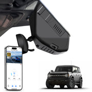 Mangoal rearview mirror built-in dash cam with smartphone app control, 4K Ultra HD recording, GPS tracking, and Ford Bronco models in the background.