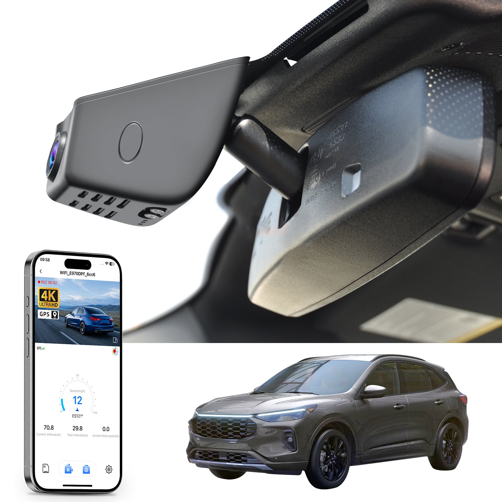 Mangoal rearview mirror built-in dash cam with smartphone app control, 4K Ultra HD recording, GPS tracking, and Ford Escape models in the background.
