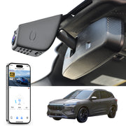 Mangoal rearview mirror built-in dash cam with smartphone app control, 4K Ultra HD recording, GPS tracking, and Ford Escape models in the background.