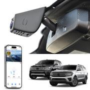 Mangoal rearview mirror built-in dash cam with smartphone app control, 4K Ultra HD recording, GPS tracking, and Ford Expedition models in the background.
