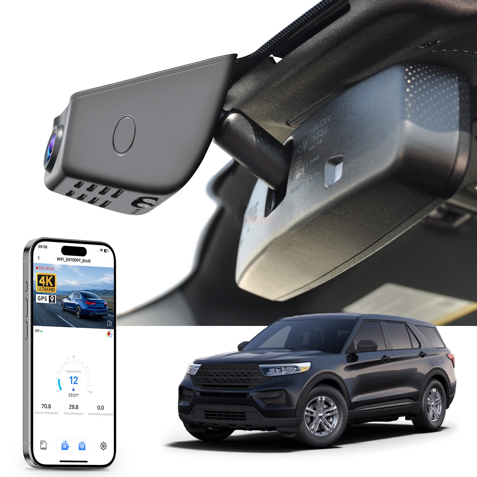 Mangoal rearview mirror built-in dash cam with smartphone app control, 4K Ultra HD recording, GPS tracking, and Ford Explorer models in the background.