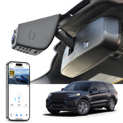 Mangoal rearview mirror built-in dash cam with smartphone app control, 4K Ultra HD recording, GPS tracking, and Ford Explorer models in the background.