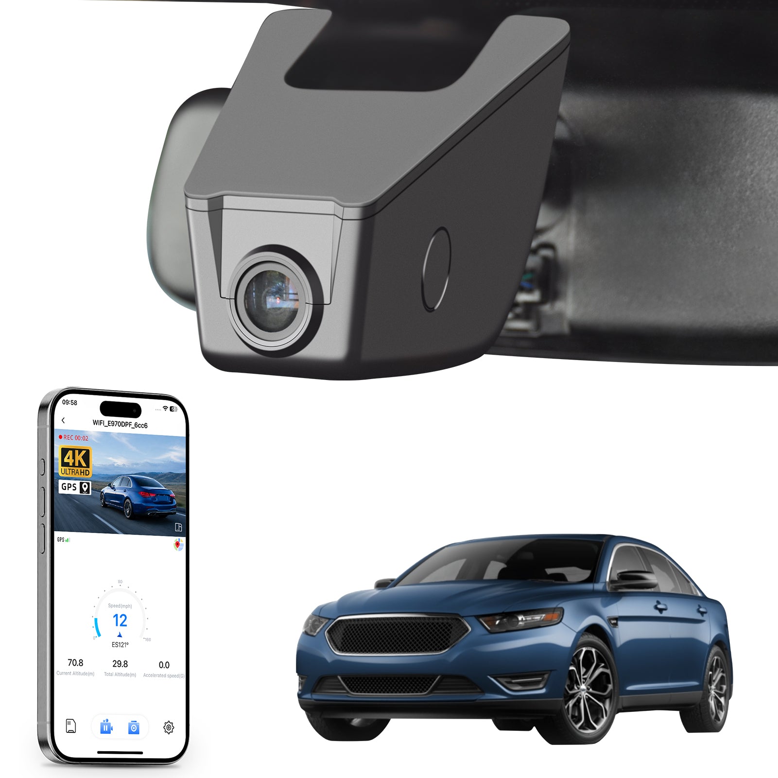 Mangoal rearview mirror built-in dash cam with smartphone app control, 4K Ultra HD recording, GPS tracking, and Ford Taurus models in the background.