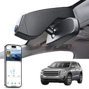 Mangoal rearview mirror built-in dash cam with smartphone app control, 4K Ultra HD recording, GPS tracking, and GMC Acadia models in the background.