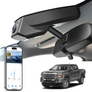 Mangoal rearview mirror built-in dash cam with smartphone app control, 4K Ultra HD recording, GPS tracking, and GMC Canyon models in the background.