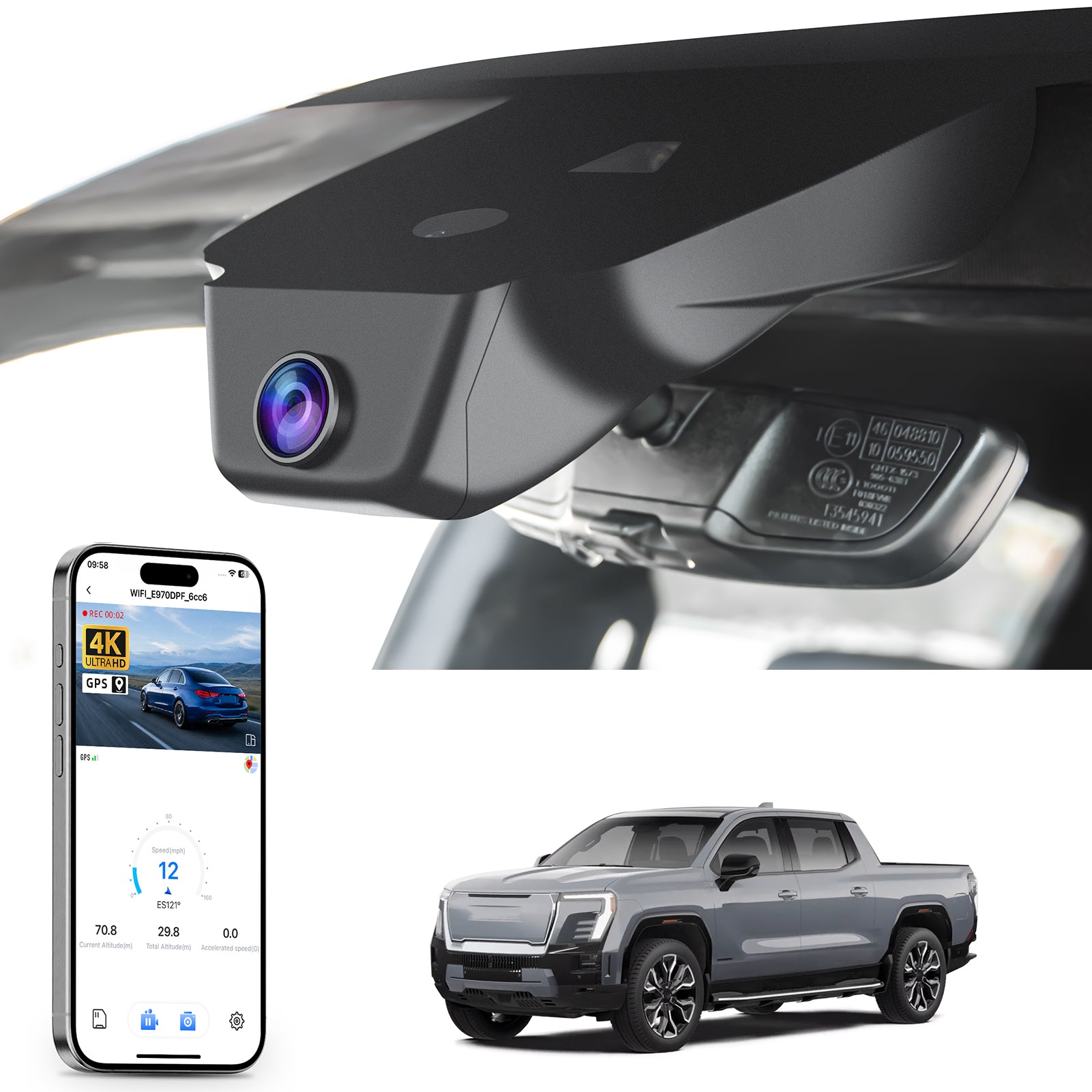 Mangoal rearview mirror built-in dash cam with smartphone app control, 4K Ultra HD recording, GPS tracking, and GMC Sierra EV models in the background.