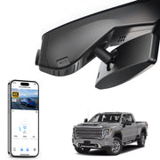 
Mangoal rearview mirror built-in dash cam with smartphone app control, 4K Ultra HD recording, GPS tracking, and GMC Sierra models in the background.