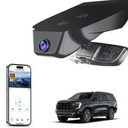 Mangoal rearview mirror built-in dash cam with smartphone app control, 4K Ultra HD recording, GPS tracking, and GMC Yukon models in the background.