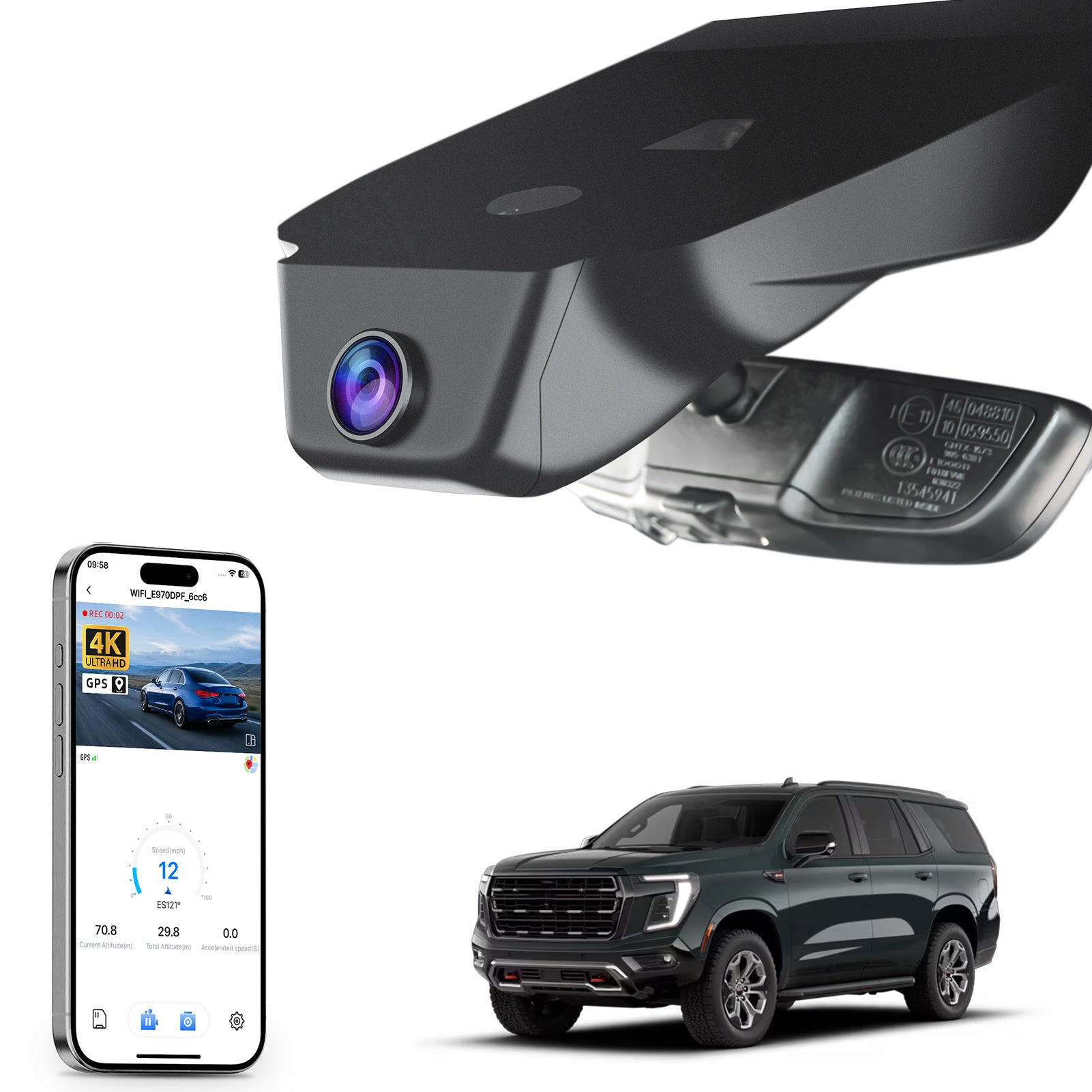 Mangoal rearview mirror built-in dash cam with smartphone app control, 4K Ultra HD recording, GPS tracking, and GMC Yukon models in the background.