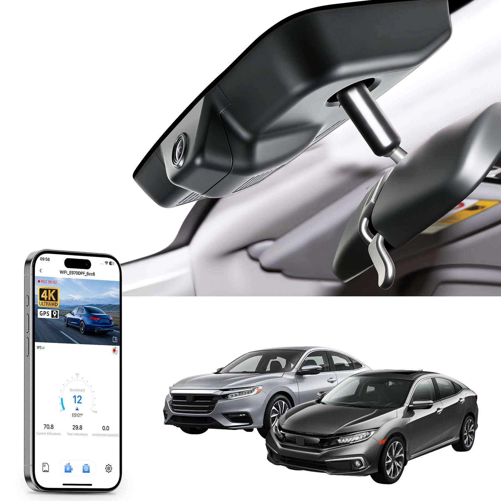 Mangoal rearview mirror built-in dash cam with smartphone app control, 4K Ultra HD recording, GPS tracking and Gen10 Civic models in the background.