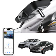 Mangoal rearview mirror built-in dash cam with smartphone app control, 4K Ultra HD recording, GPS tracking and Gen10 Civic models in the background.