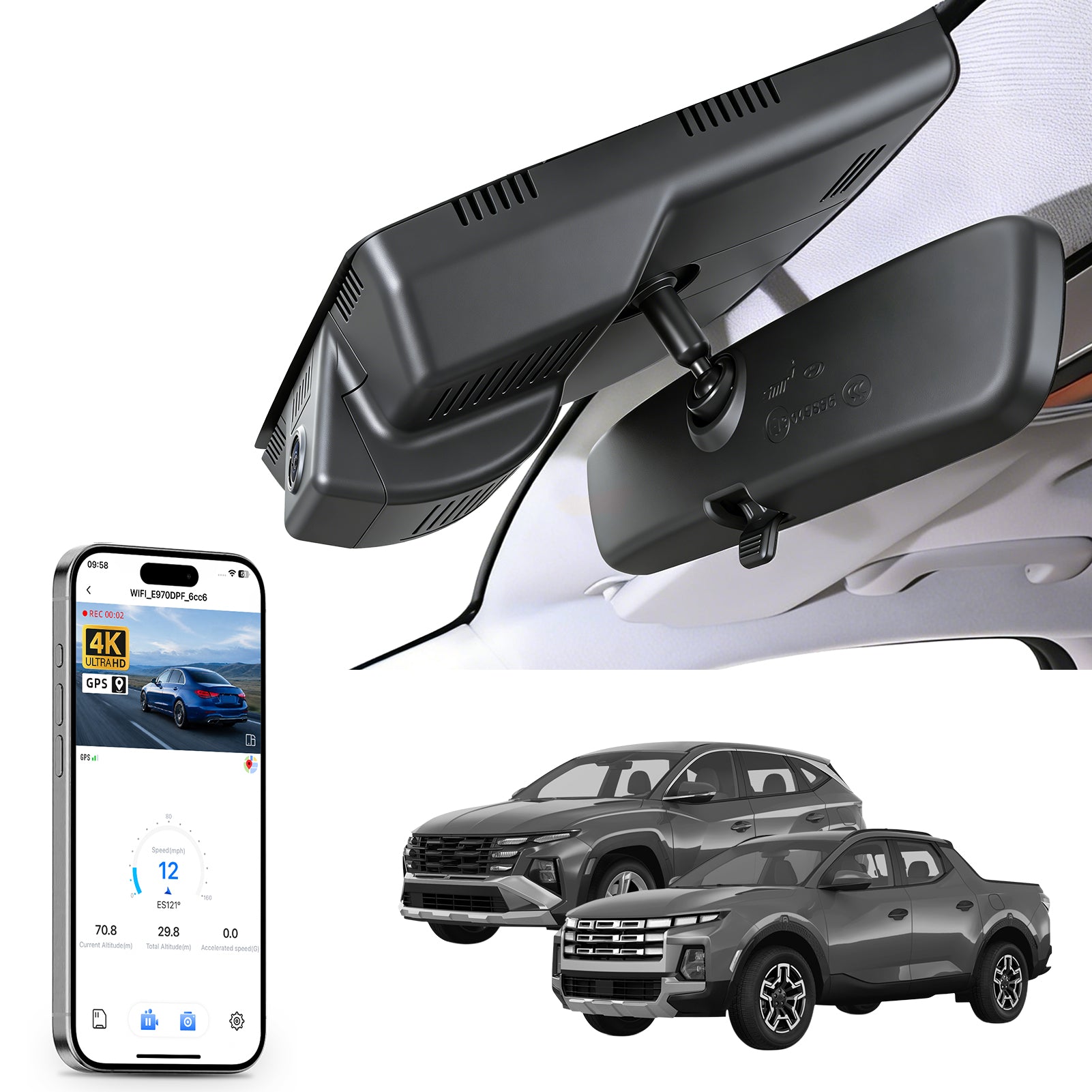 Mangoal rearview mirror built-in dash cam with smartphone app control, 4K Ultra HD recording, GPS tracking and Hyundai Tucson & Santa models in the background.