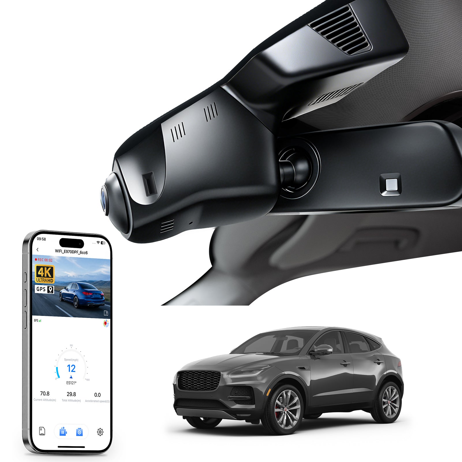 Mangoal rearview mirror built-in dash cam with smartphone app control, 4K Ultra HD recording, GPS tracking and Jaguar E-Pace models in the background.