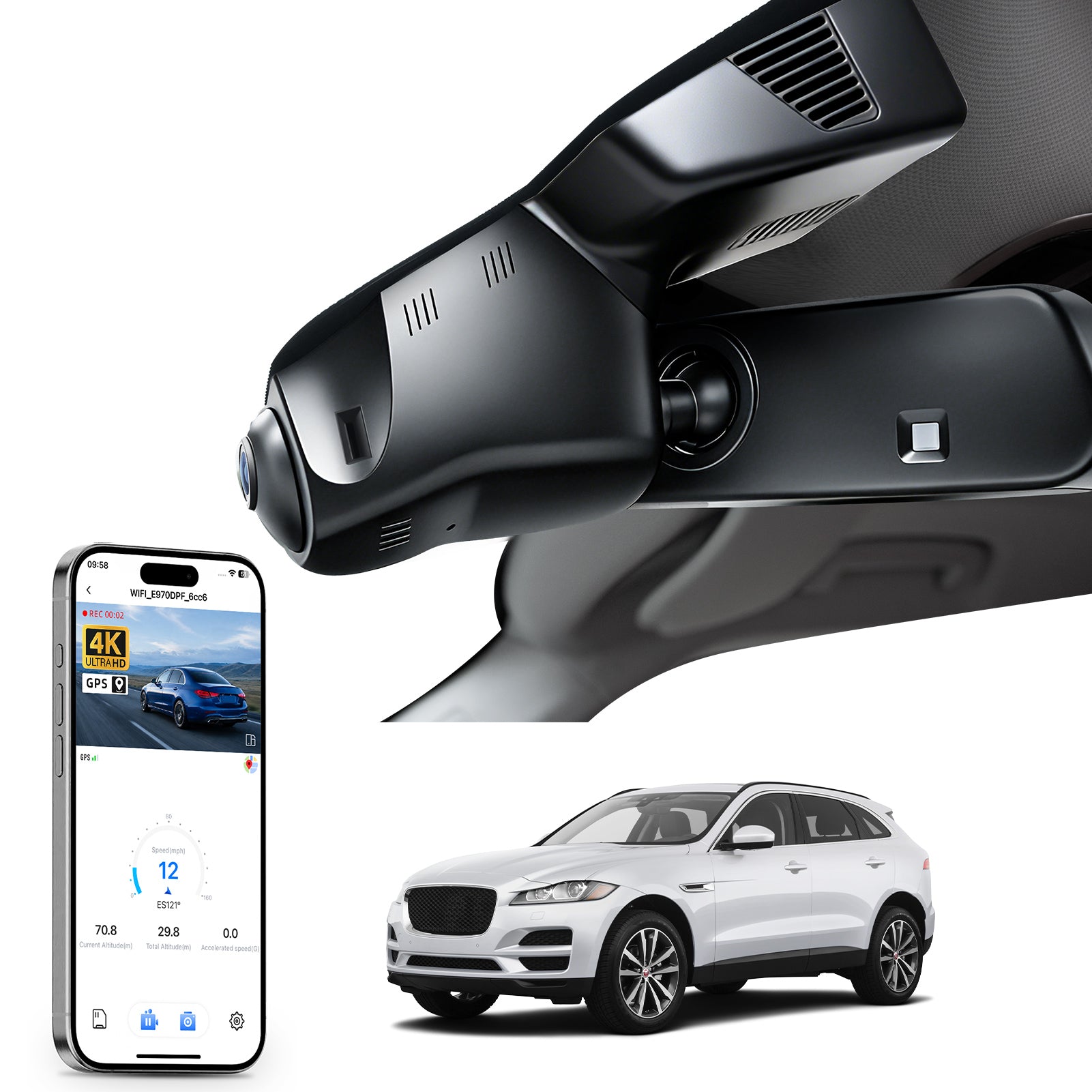 Mangoal rearview mirror built-in dash cam with smartphone app control, 4K Ultra HD recording, GPS tracking and Jaguar F Type models in the background.