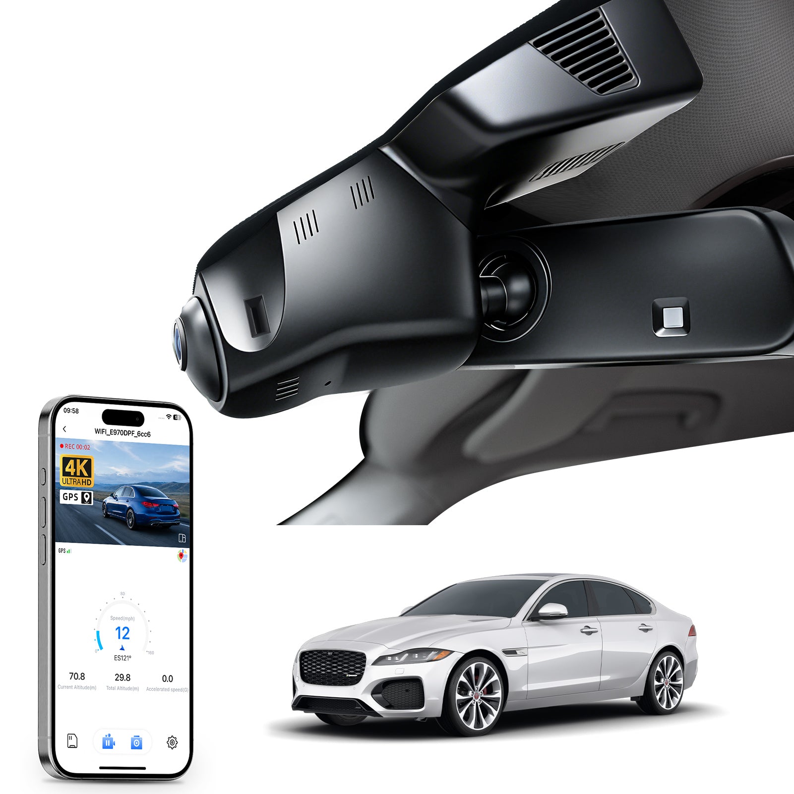 Mangoal rearview mirror built-in dash cam with smartphone app control, 4K Ultra HD recording, GPS tracking and Jaguar XE models in the background.