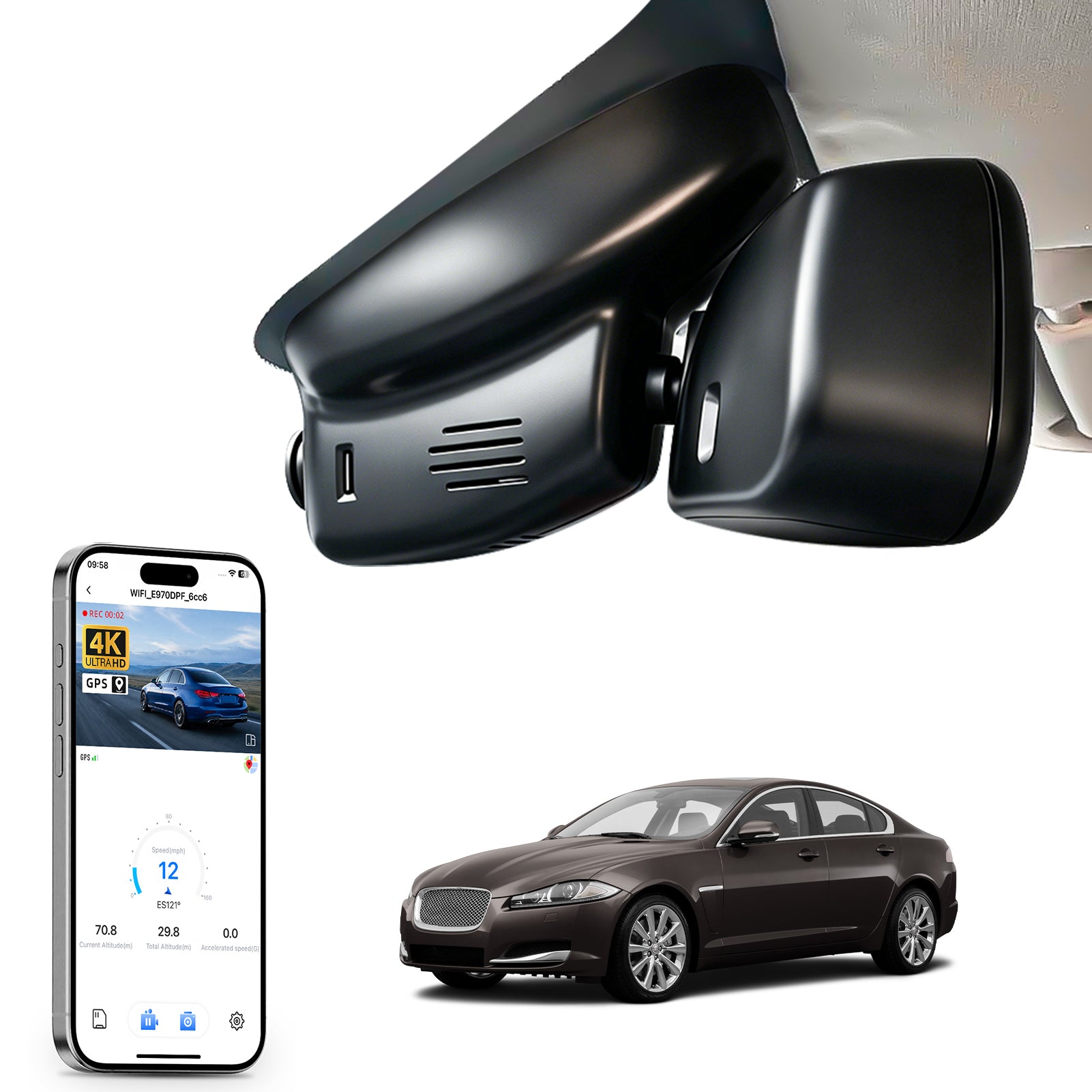 Mangoal rearview mirror built-in dash cam with smartphone app control, 4K Ultra HD recording, GPS tracking and Jaguar XF models in the background.