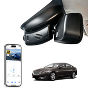 Mangoal rearview mirror built-in dash cam with smartphone app control, 4K Ultra HD recording, GPS tracking and Jaguar XF models in the background.