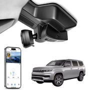 Mangoal rearview mirror built-in dash cam with smartphone app control, 4K Ultra HD recording, GPS tracking, and Jeep-Grand-Wagoneer models in the background.