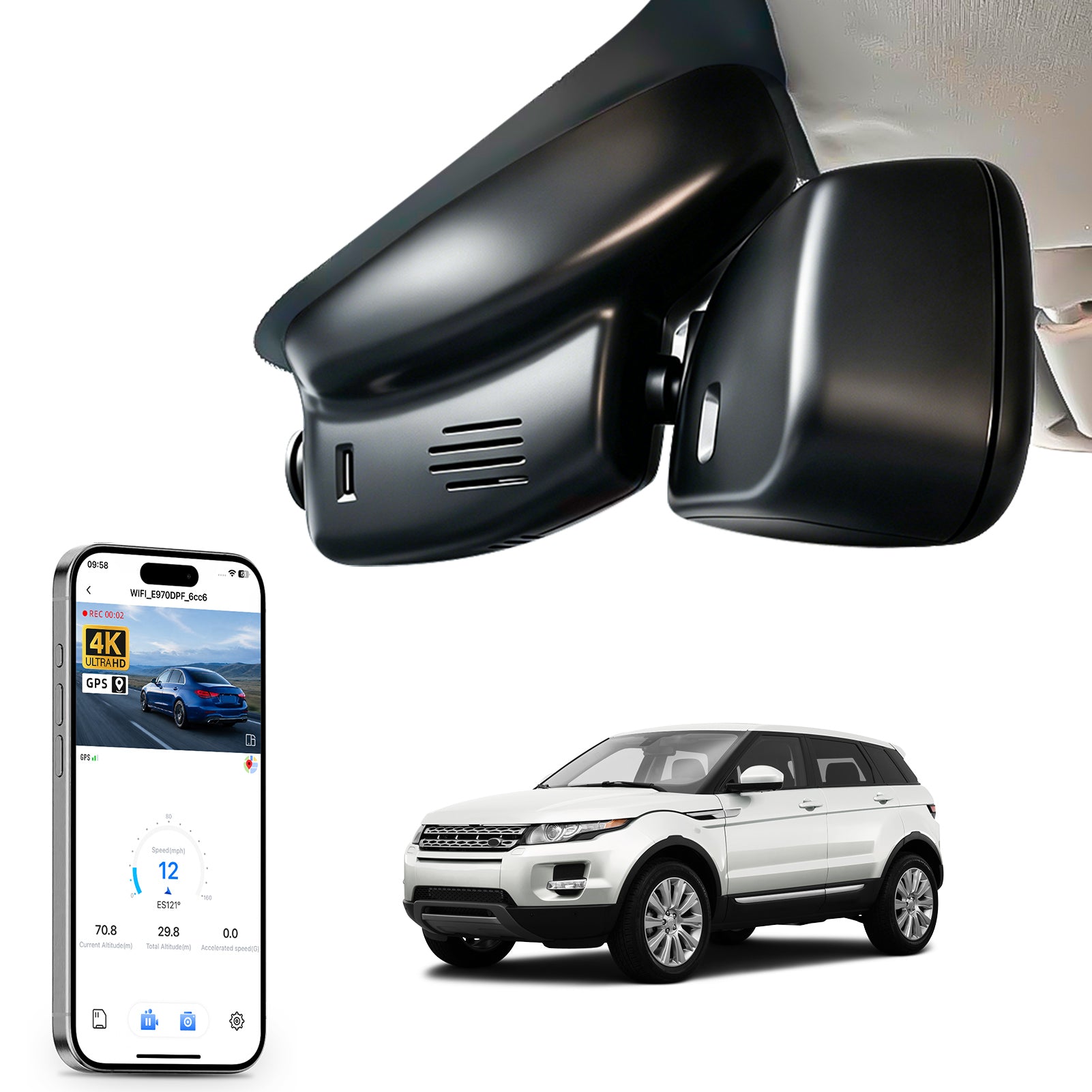 Mangoal rearview mirror built-in dash cam with smartphone app control, 4K Ultra HD recording, GPS tracking and Land Land Rover Range Rover Evoque models in the background.