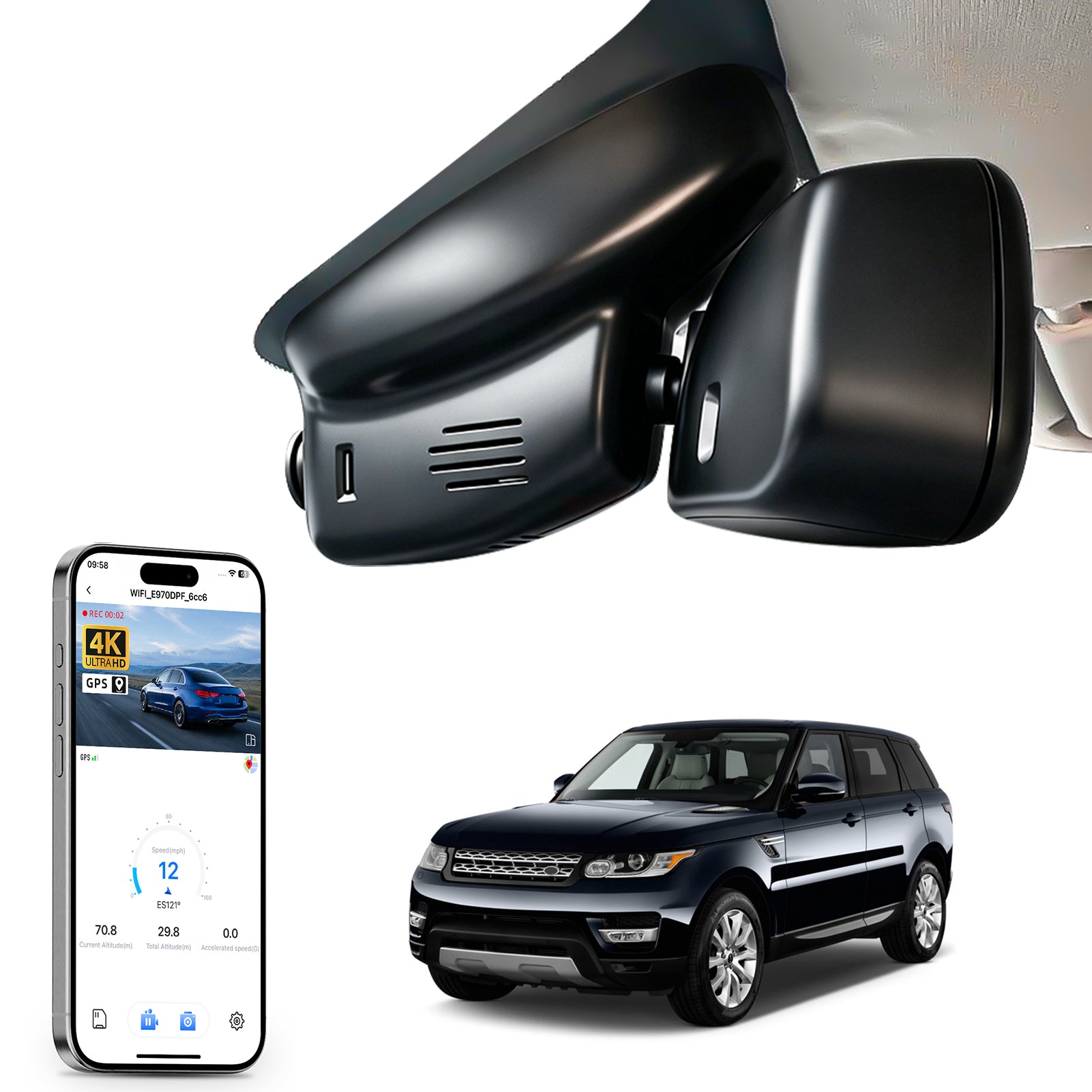 Mangoal rearview mirror built-in dash cam with smartphone app control, 4K Ultra HD recording, GPS tracking and Land Rover Range Rover & Range Rover Sport models in the background.
