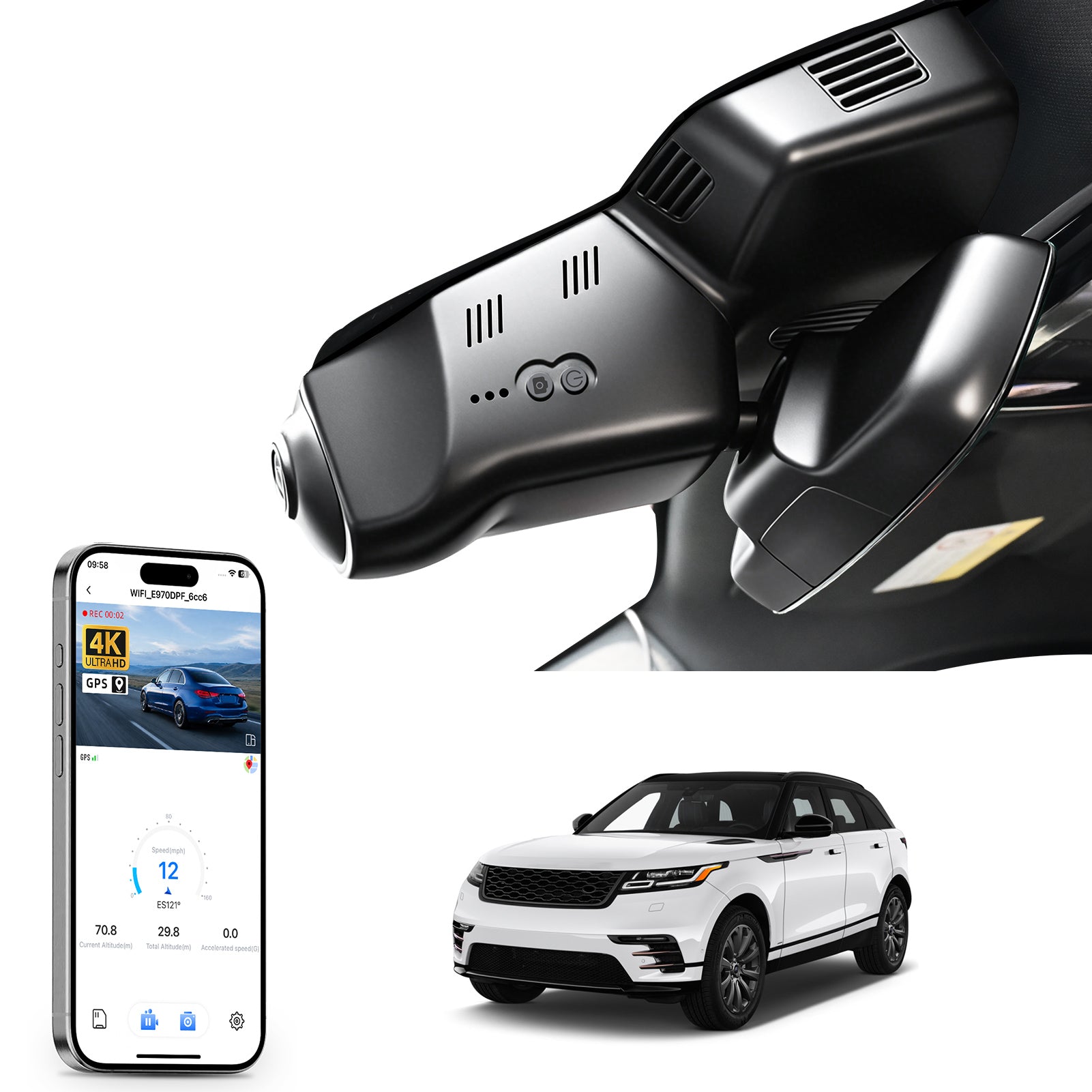 Mangoal rearview mirror built-in dash cam with smartphone app control, 4K Ultra HD recording, GPS tracking and  Land Rover Range Roverr Velar models in the background.