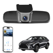 Mangoal rearview mirror built-in dash cam with smartphone app control, 4K Ultra HD recording, GPS tracking, and Lexus RX models in the background.
