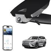 Mangoal rearview mirror built-in dash cam with smartphone app control, 4K Ultra HD recording, GPS tracking, and Lexus TX models in the background.