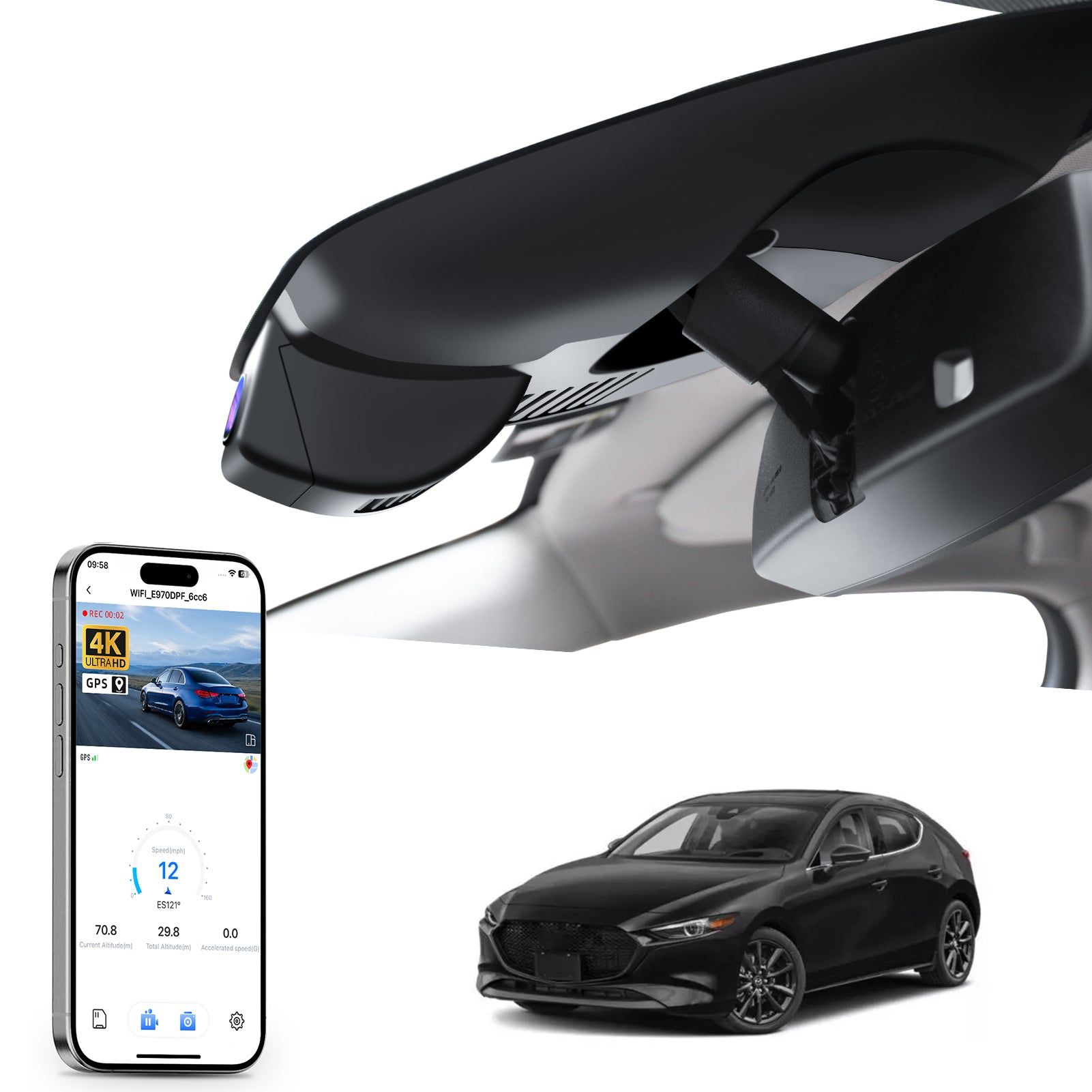 Mangoal rearview mirror built-in dash cam with smartphone app control, 4K Ultra HD recording, GPS tracking, and Mazda 3 models in the background.