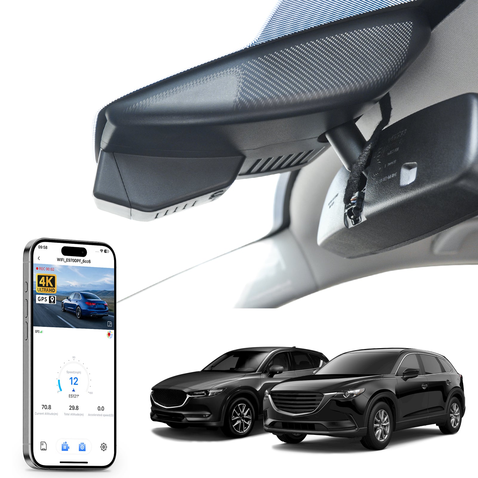 Mangoal rearview mirror built-in dash cam with smartphone app control, 4K Ultra HD recording, GPS tracking, and Mazda CX-5 models in the background.
