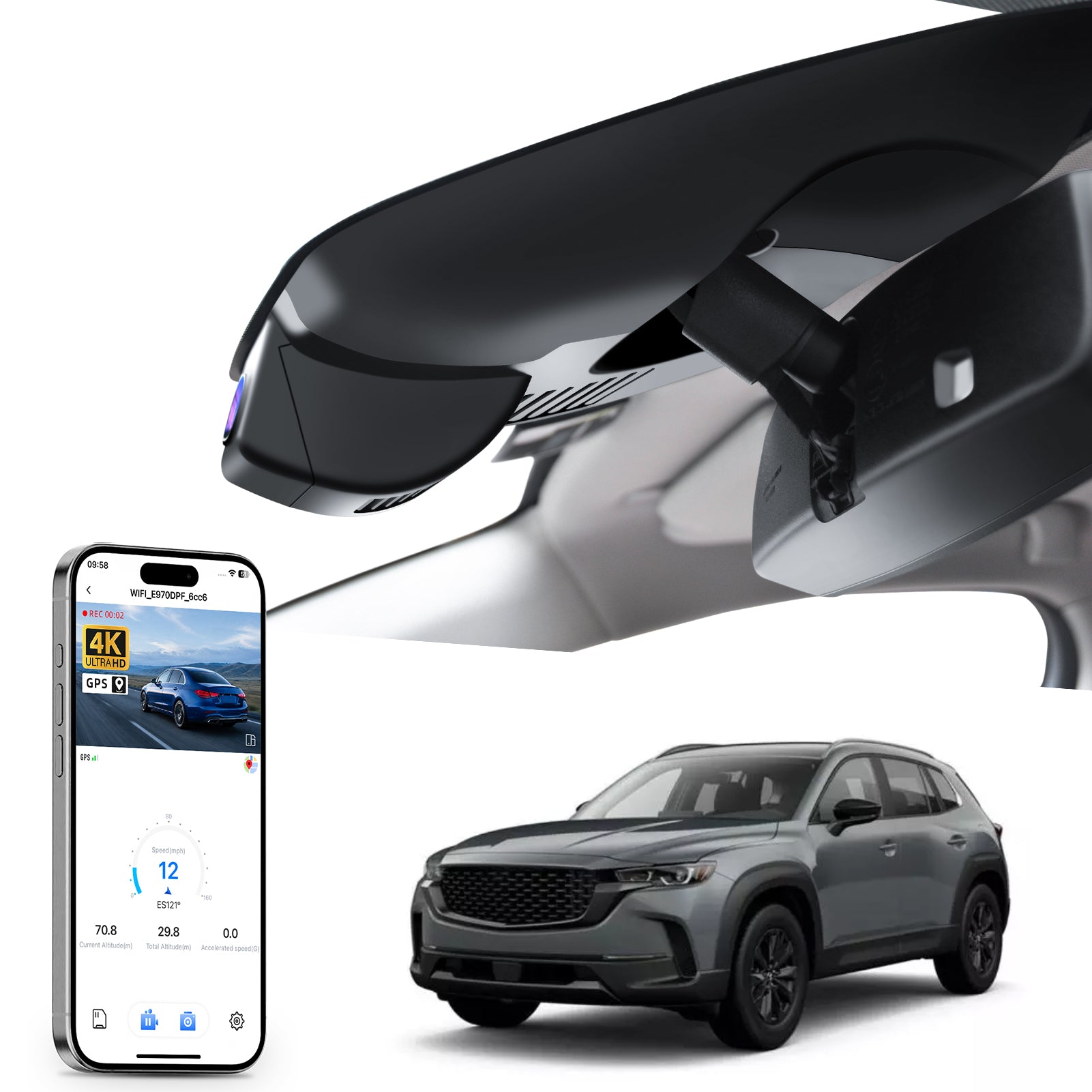 Mangoal rearview mirror built-in dash cam with smartphone app control, 4K Ultra HD recording, GPS tracking, and Mazda CX-50 models in the background.