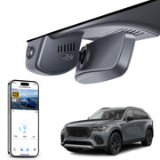 Mangoal rearview mirror built-in dash cam with smartphone app control, 4K Ultra HD recording, GPS tracking, and Mazda CX-70 models in the background.