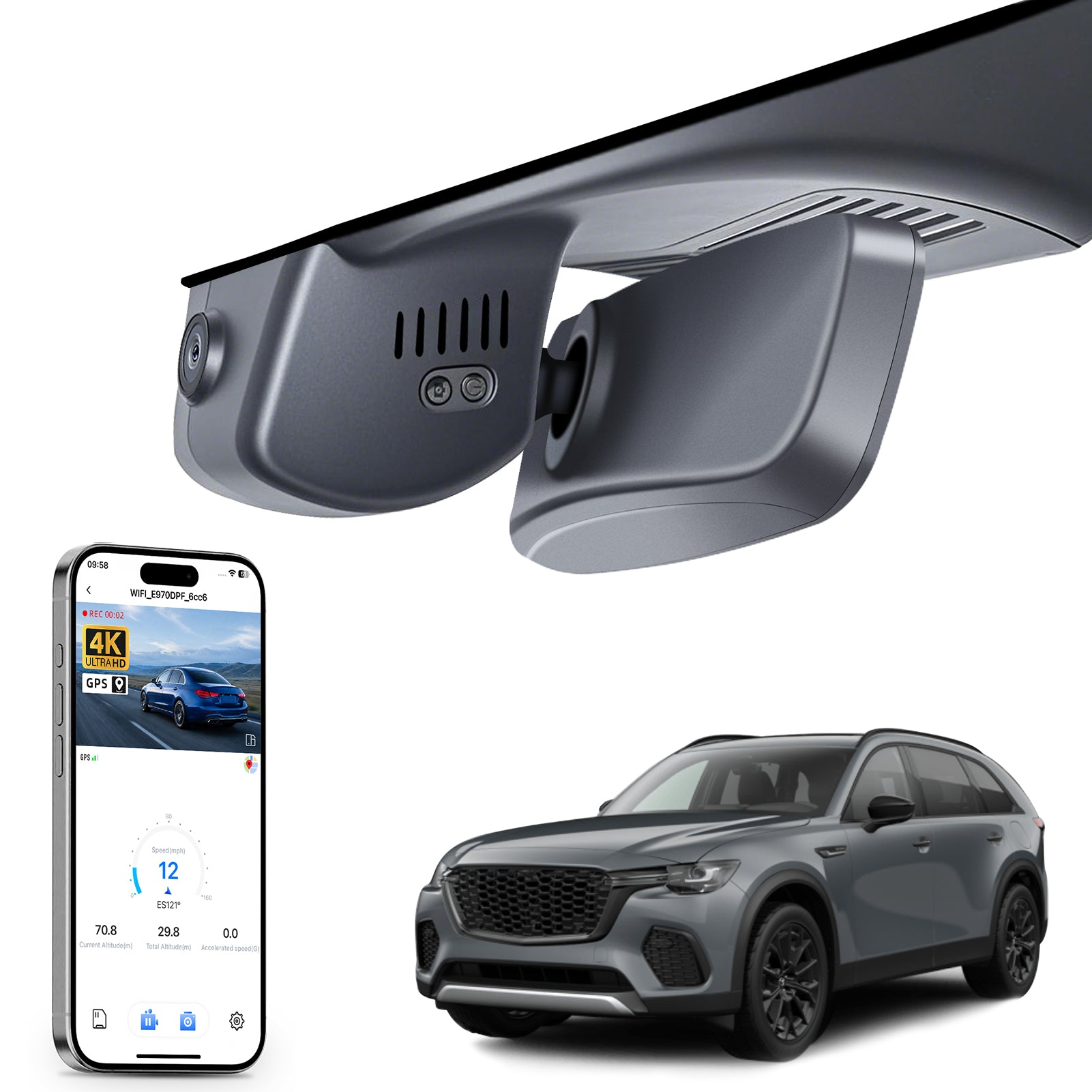 Mangoal rearview mirror built-in dash cam with smartphone app control, 4K Ultra HD recording, GPS tracking, and Mazda CX-70 models in the background.