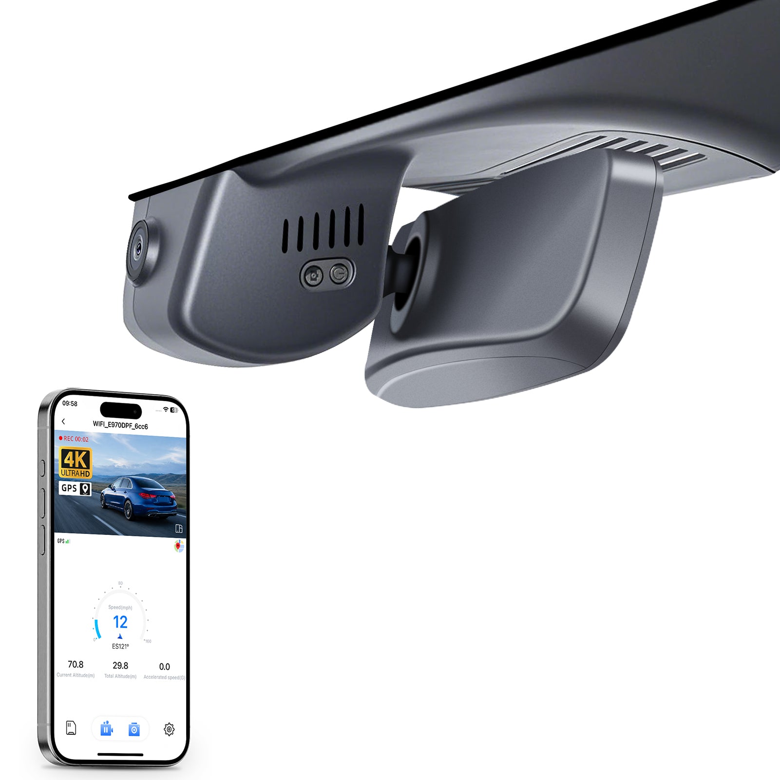 Mangoal rearview mirror built-in dash cam with smartphone app control, 4K Ultra HD recording, GPS tracking, and Mazda CX-90 models in the background.