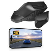 Mangoal rearview mirror built-in dash cam with smartphone app control, 4K Ultra HD recording, GPS tracking, and Mercedes-Benz E-Class Gen6 models in the background.