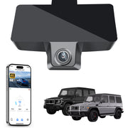 Mangoal rearview mirror built-in dash cam with smartphone app control, 4K Ultra HD recording, GPS tracking, and Mercedes-Benz G-Class models in the background.