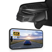 Mangoal rearview mirror built-in dash cam with smartphone app control, 4K Ultra HD recording, GPS tracking, and Mercedes-Benz GLB models in the background.