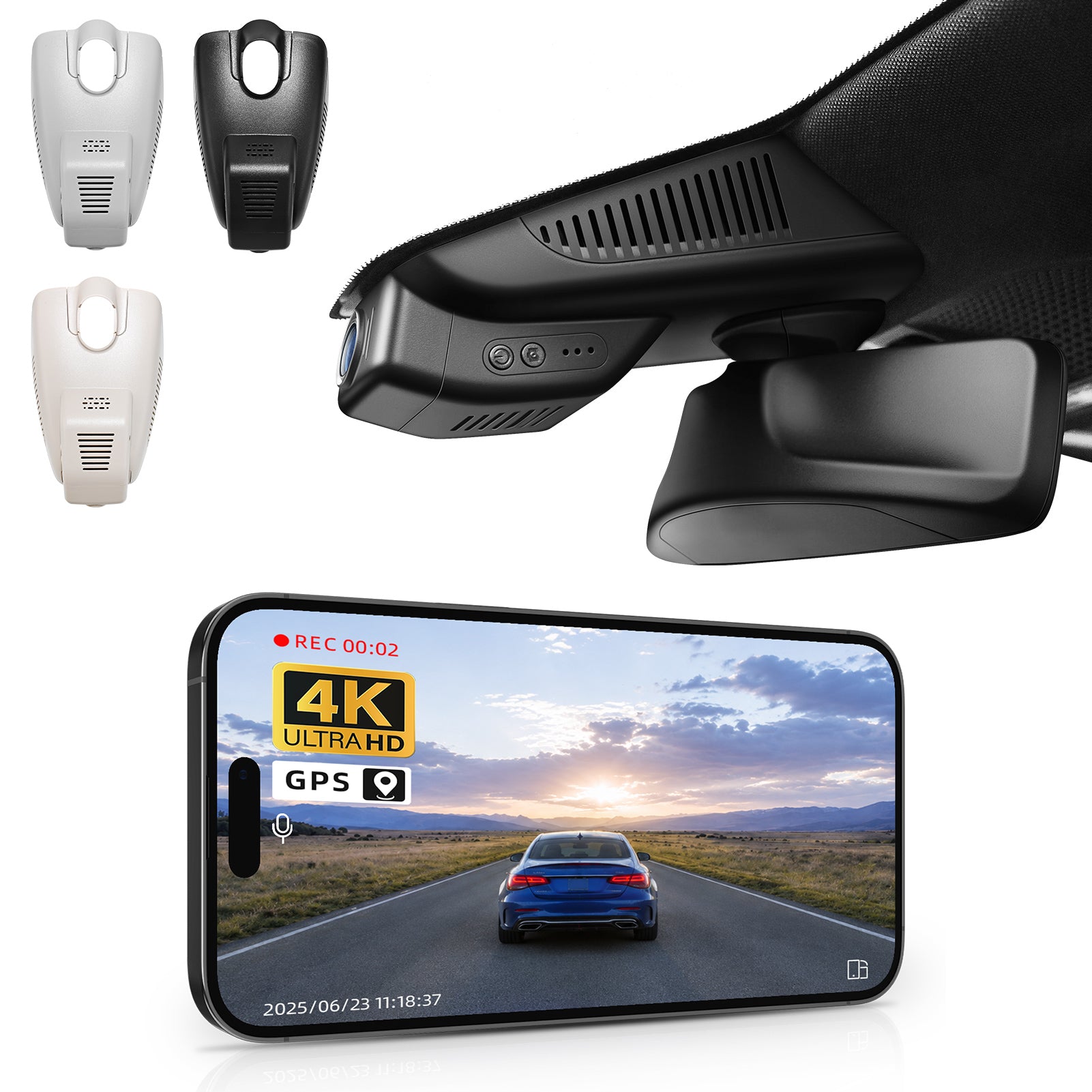 Mangoal rearview mirror built-in dash cam with smartphone app control, 4K Ultra HD recording, GPS tracking, and Mercedes-Benz GLC Gen1 models in the background.