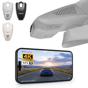 Mangoal rearview mirror built-in dash cam with smartphone app control, 4K Ultra HD recording, GPS tracking, and Mercedes-Benz GLC Gen1 models in the background.