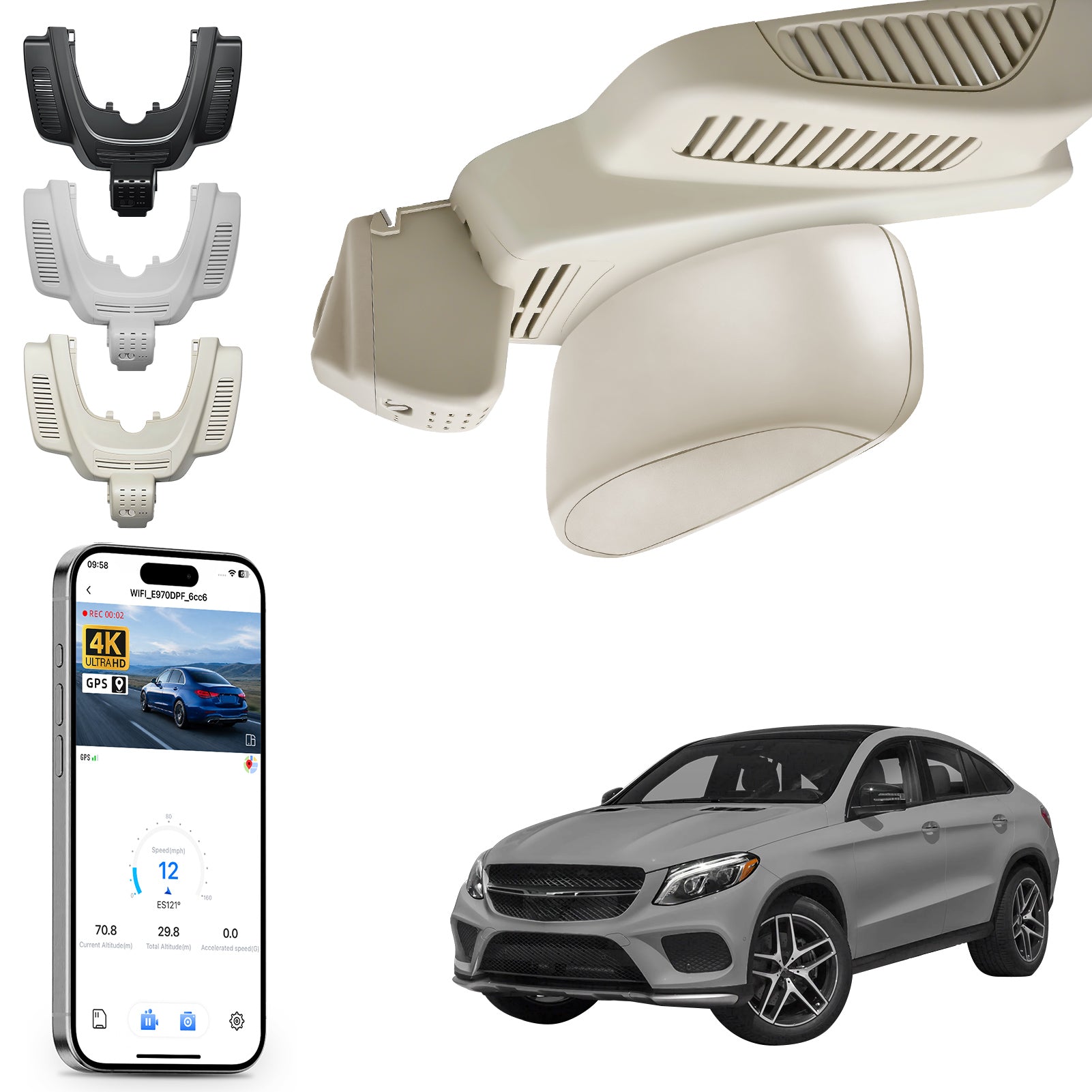 Mangoal rearview mirror built-in dash cam with smartphone app control, 4K Ultra HD recording, GPS tracking, and Mercedes-Benz GLE models in the background.